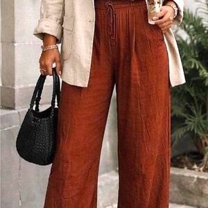 H&M Brown Linen Wide Leg Pants Size L | Drawstring Relaxed Fit